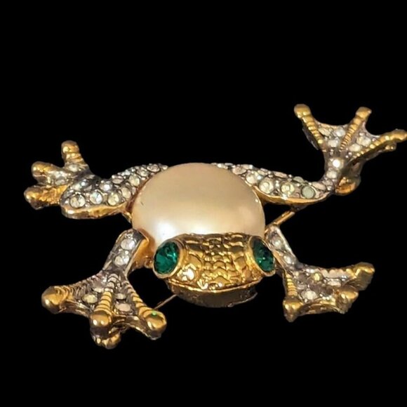 KJL Frog Brooch Jelly Belly Faux Pearl Gold tone green eyes Kenneth Jay Lane pin - Picture 1 of 7
